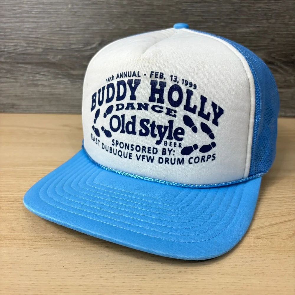 Vintage Buddy‎ Holly Hat Cap Snap Back Blue Trucker Dance Old Style Beer 90s